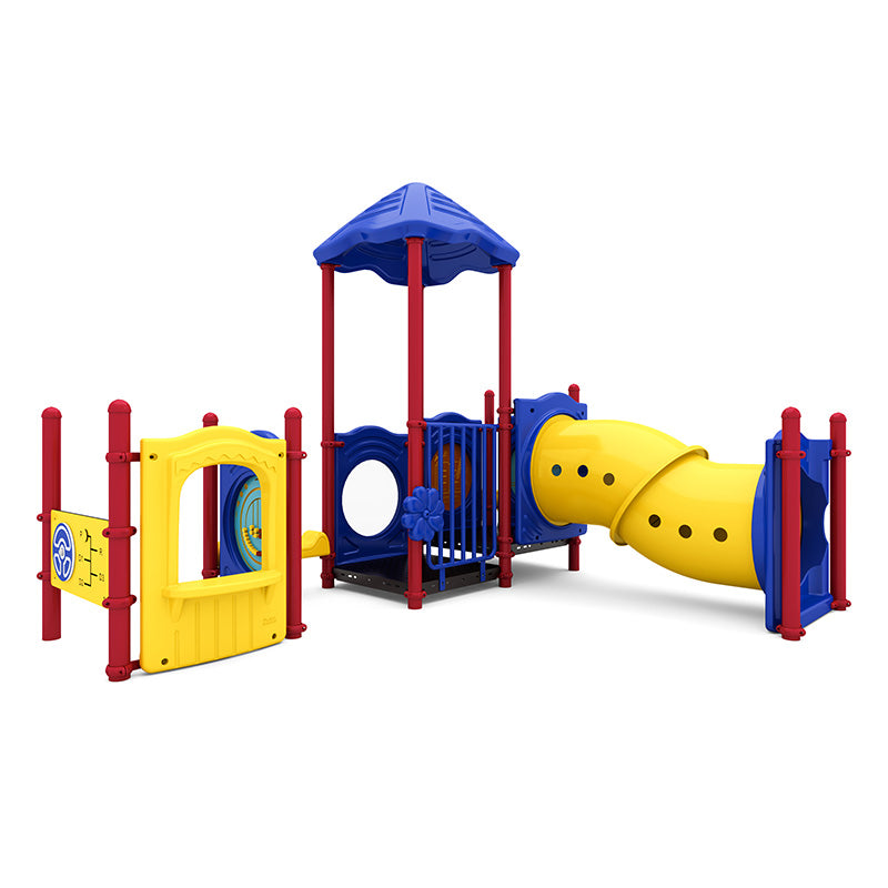 Colorful toddler playground with yellow tunnel slide, blue roof, red posts, interactive panels, crawl-through spaces, and bubble window