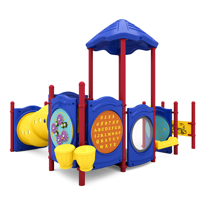 Colorful toddler playground with interactive bead and alphabet panels, bubble window, steering wheel, tunnel, and roofed play area