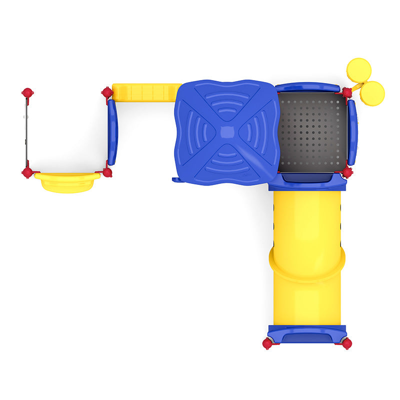 Overhead view of colorful toddler playground with tunnel, steering wheel, bubble window, and interactive panels in blue and yellow