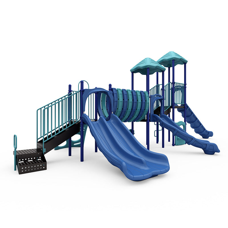 Blue and teal commercial playground system with dual wave slide, tunnel, roofed towers, climbers, and ADA transfer station