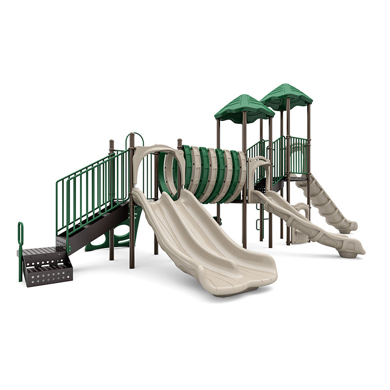 Rush & Glide Playground with dual slides, tunnel climber, arch climber, and green canopy roofs on natural play system