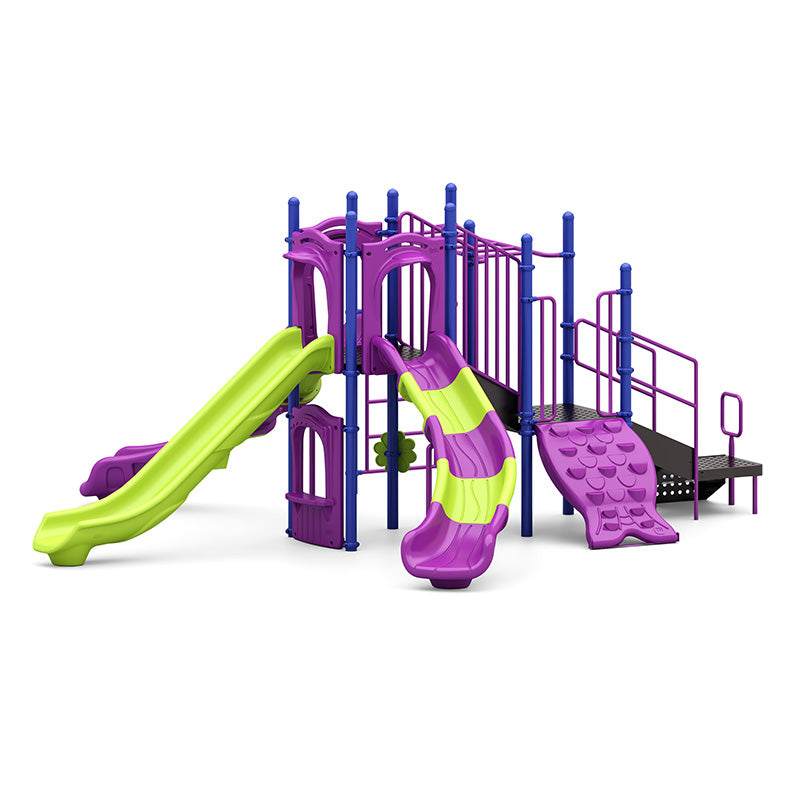 Colorful playground structure with three slides, climbing wall, accessible platform, and musical bongo drums in purple and lime green.