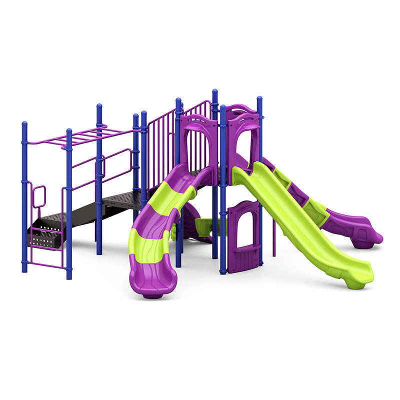 Colorful outdoor playground structure with three slides, climbing pod, bongo drums, and ADA transfer station for inclusive play.