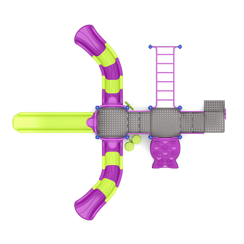 Overhead view of colorful playground with three slides, pod climber, climbing ladder, and musical drums