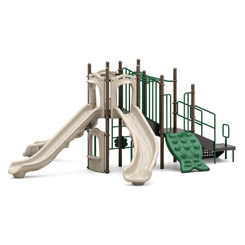 Triton's Tripod Playground with three beige slides, green climbing wall, brown support posts, and natural play design