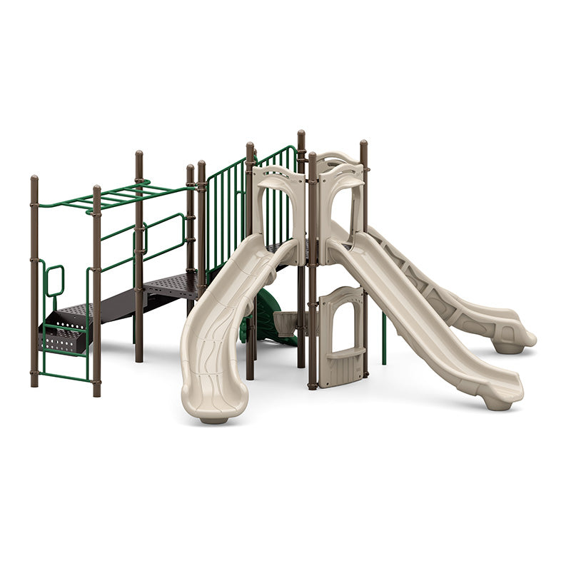Playground structure with three beige slides, green climbing bars, platform with stairs, and accessible transfer station for inclusive play.