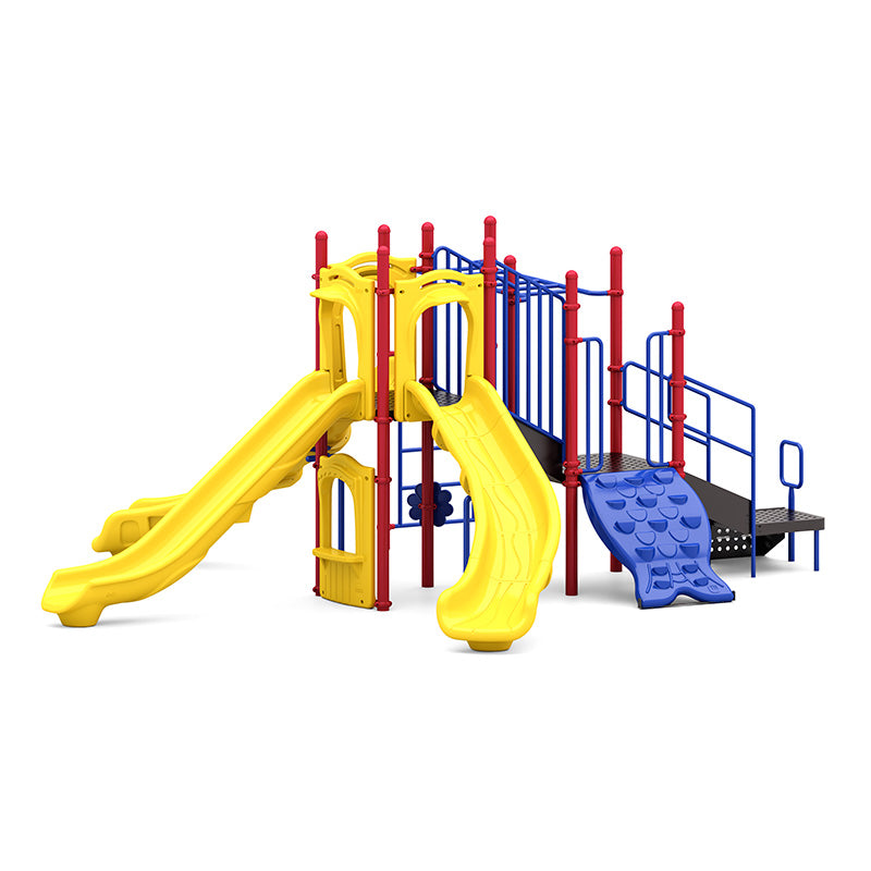 Colorful playground structure with two yellow slides, blue climbing wall, red posts, accessible platform, and musical bongo drums.