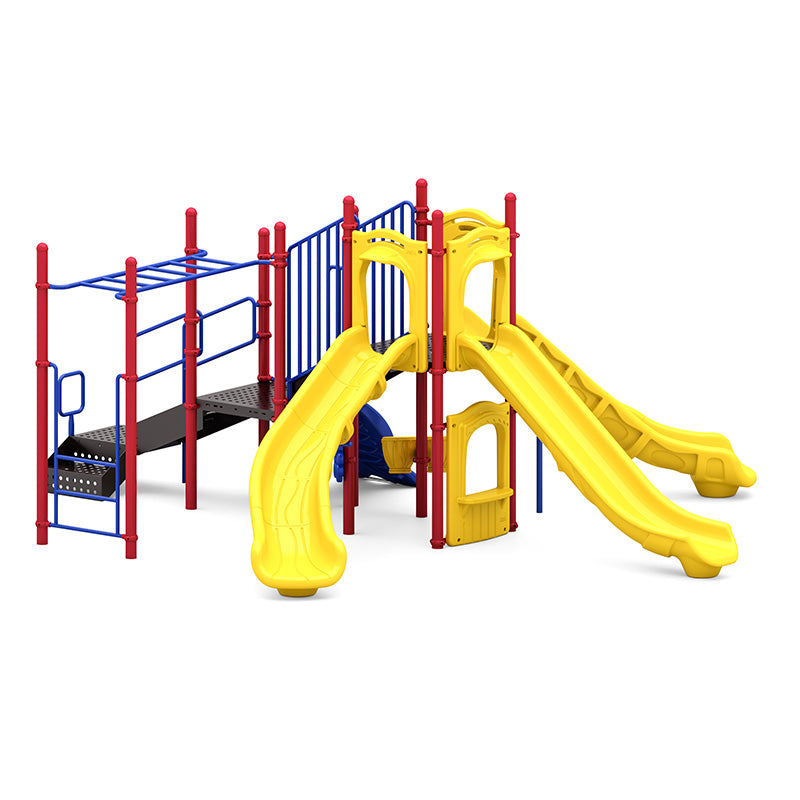 Colorful playground structure with three yellow slides, red posts, blue climbing bars, and a small playhouse panel.