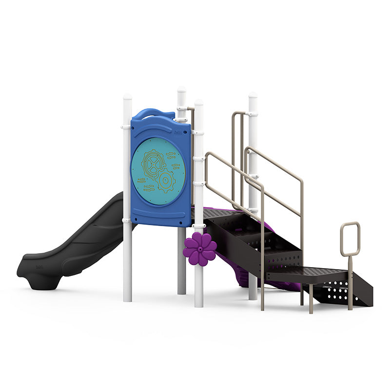 Compact playground structure with black slide, blue gear activity panel, purple flower element, and ADA transfer station with stairs and handrails.