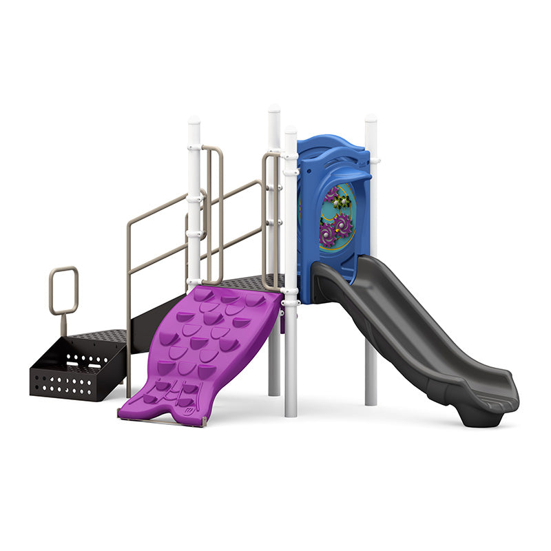 Compact playground structure featuring a black slide, purple climber, blue interactive rain wheel, and ADA transfer station.