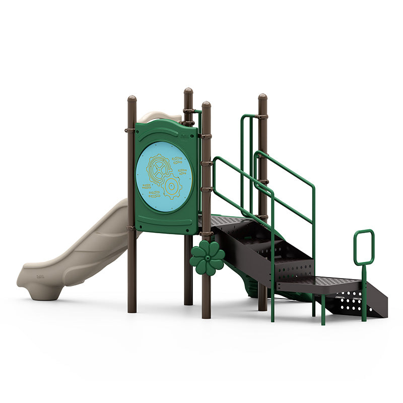Sprout Slide Playground with beige slide, green railings, activity panel, flower-shaped rain wheel, and brown posts