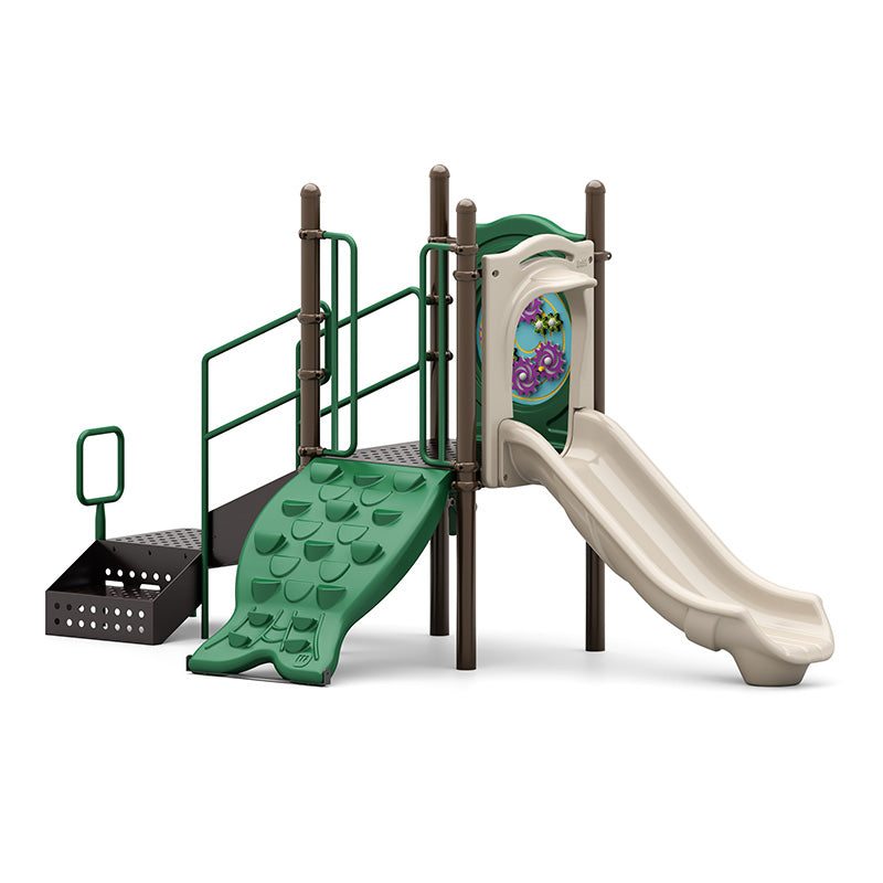 Compact playground structure featuring a beige slide, green pod climber, black steps, and colorful rain wheel panel.