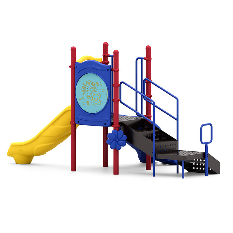 Colorful playground slide with red posts, blue climbing panel featuring gear designs, yellow slide, and blue handrails