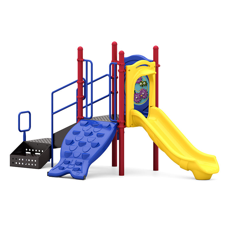 Colorful playground structure with yellow slide, blue climbing wall, red posts, and black ADA transfer station for inclusive play