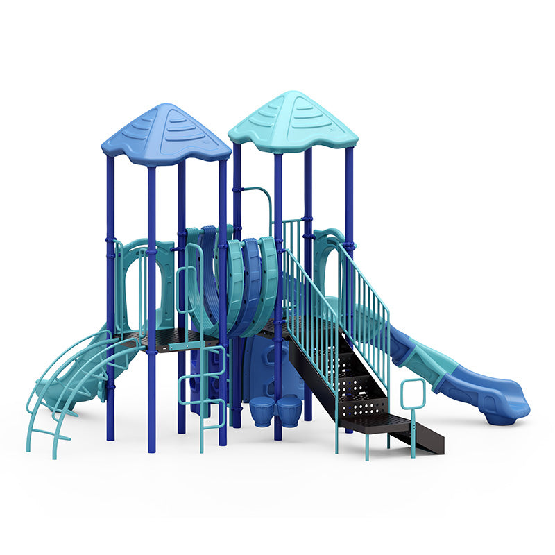 Blue and teal playground structure with two roofs, slides, climbing bars, and percussion bongos for active play
