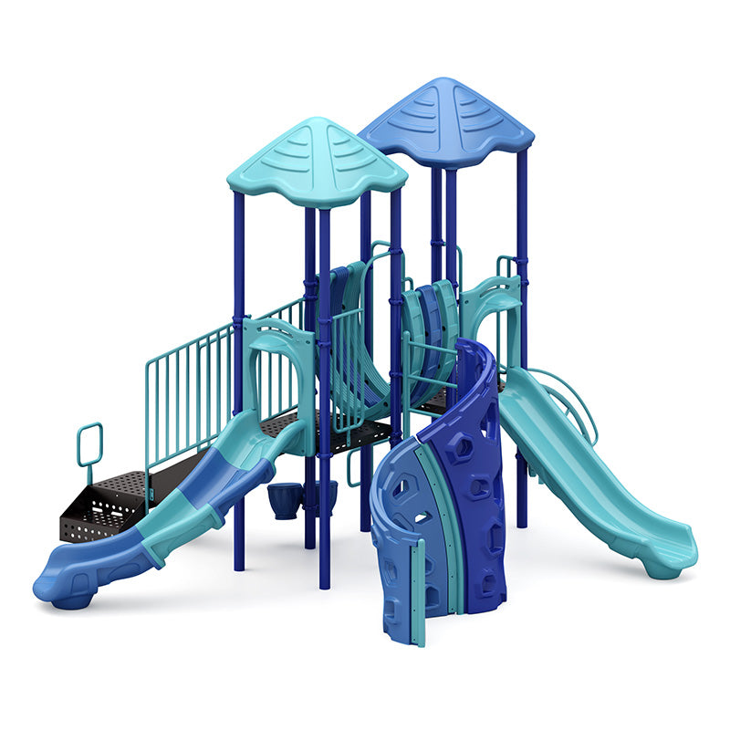 Blue and teal playground structure with slides, climbing wall, bridge, and shaded platforms for active play and exploration