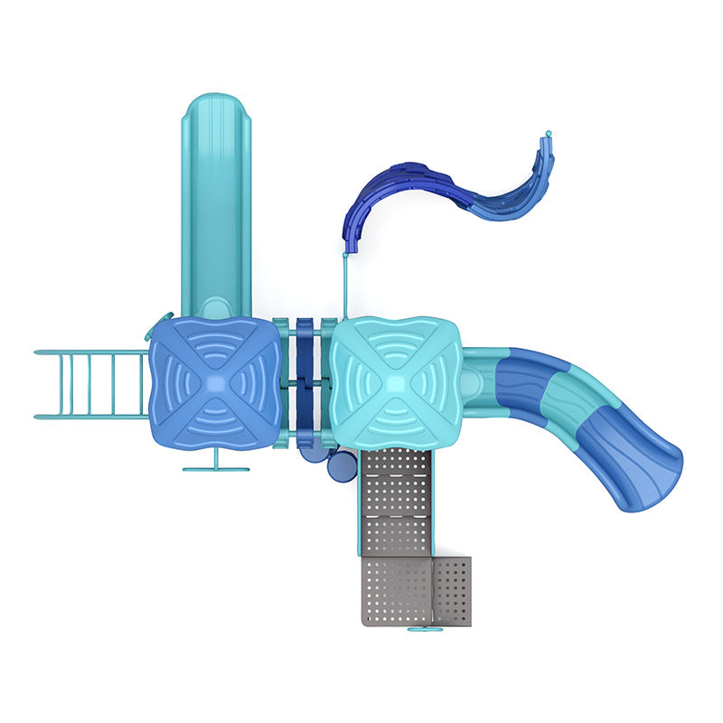 Overhead view of a blue and teal playground system with slides, climbers, platforms, and accessible features for active play