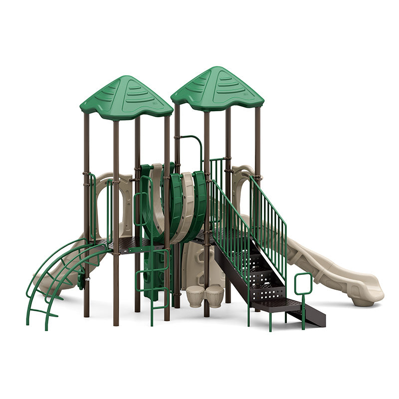 Ridge Warp Playground with green roofs, tan right-turn slide, arch and snake climbers, bongos, and ADA transfer station