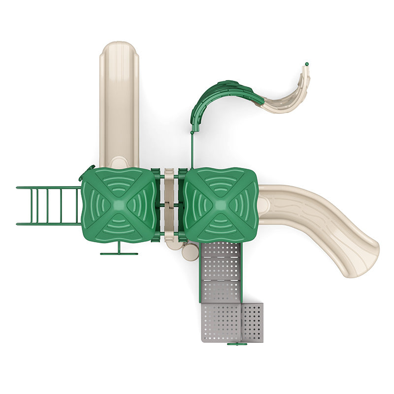 Overhead view of green and beige playground structure with slides, climbing elements, platforms, and bridges