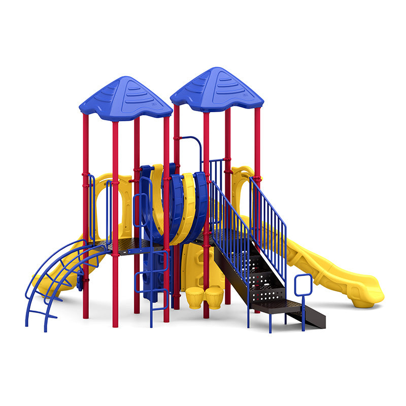 Colorful playground structure with blue roofs, red posts, yellow slides, climbing arches, and bongo drums for active play and exploration.