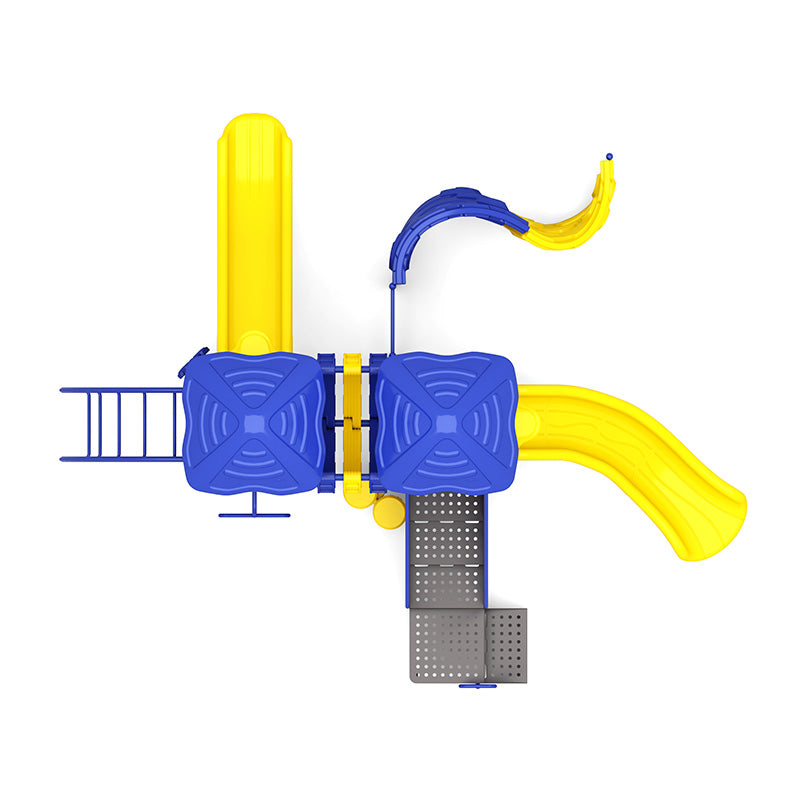 Overhead view of a blue and yellow playground structure with slides, climbers, platforms, and accessible features