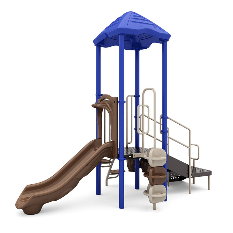 Compact playground structure with blue roof, beige climbing steps, brown slide, accessible transfer station, and musical bongo drum.
