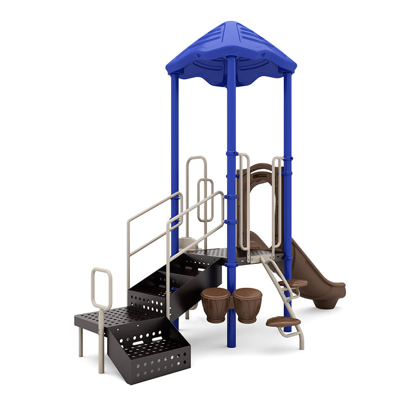Playground structure with blue canopy, brown slide, climbing steps, and attached bongo drums for inclusive play