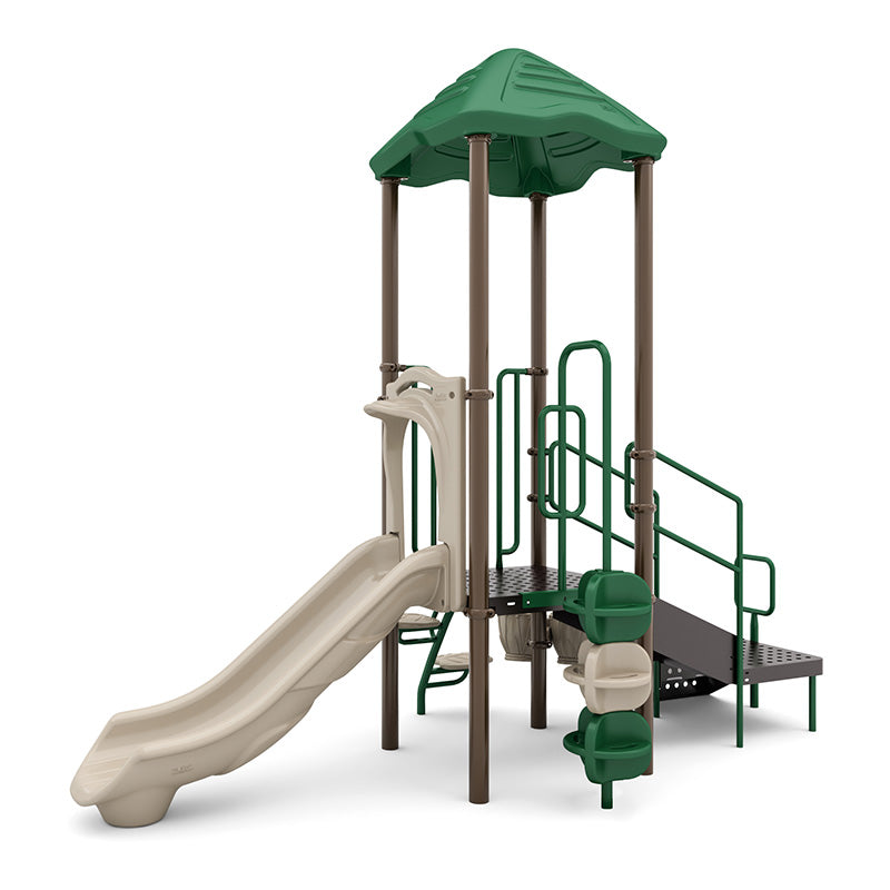 Willow Hut Playground with green roof, beige slide, climbing steps, accessible ramp, and inclusive play features