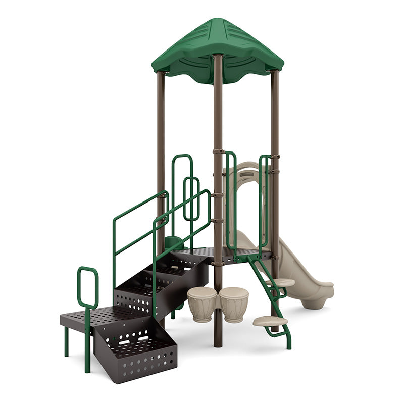 Compact playground structure with green leaf-shaped roof, beige slide, stairs, climbers, and two bongo drums