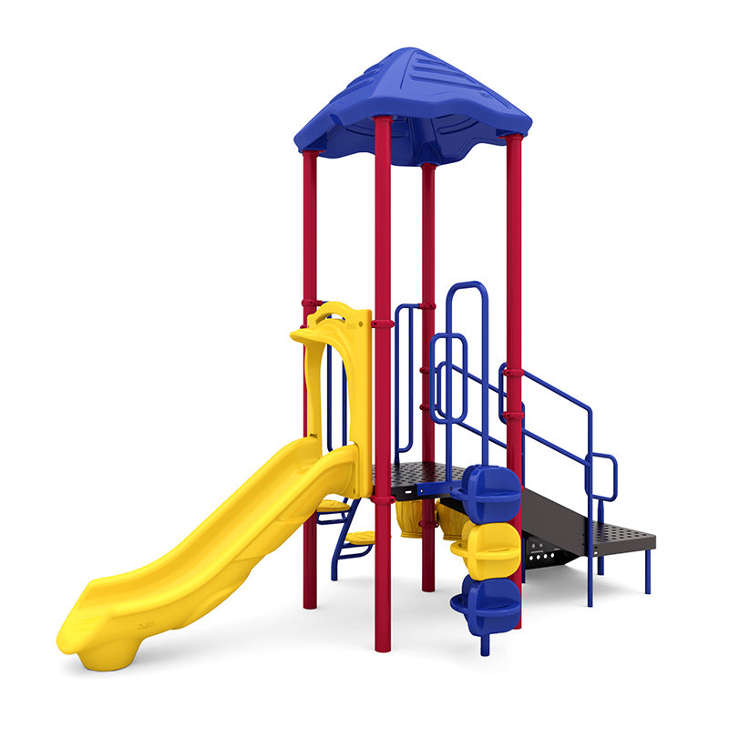 Colorful playground structure with blue roof, red posts, yellow slide, and interactive play panels for children