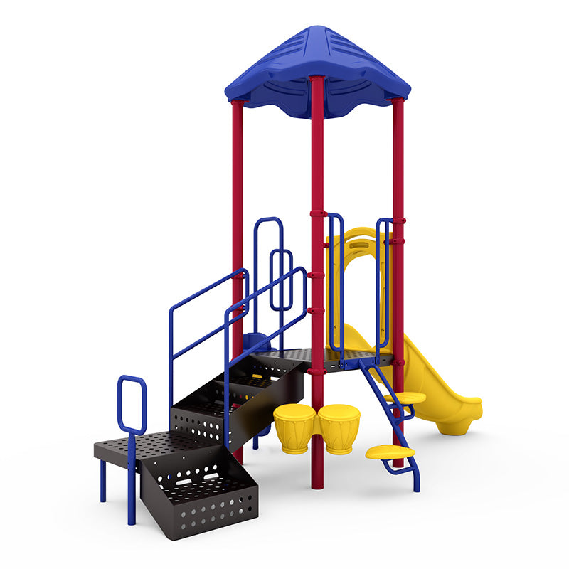 Colorful playground structure with blue roof, red posts, yellow slide, black steps, and attached yellow bongo drums.