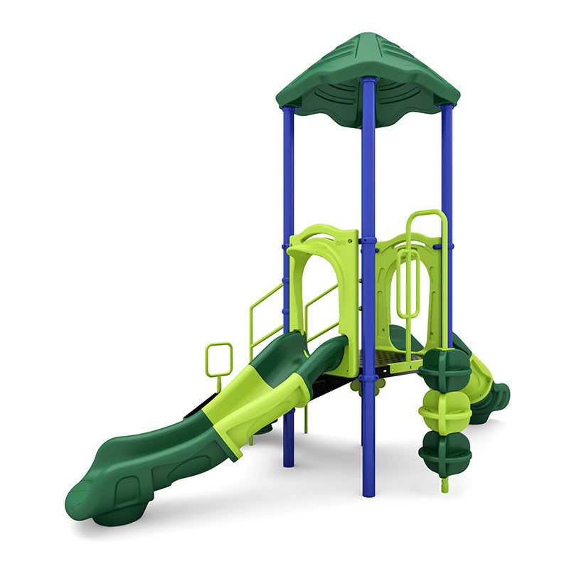 Compact green and blue playground structure with covered platform, slide, climbing pod, and interactive music panels