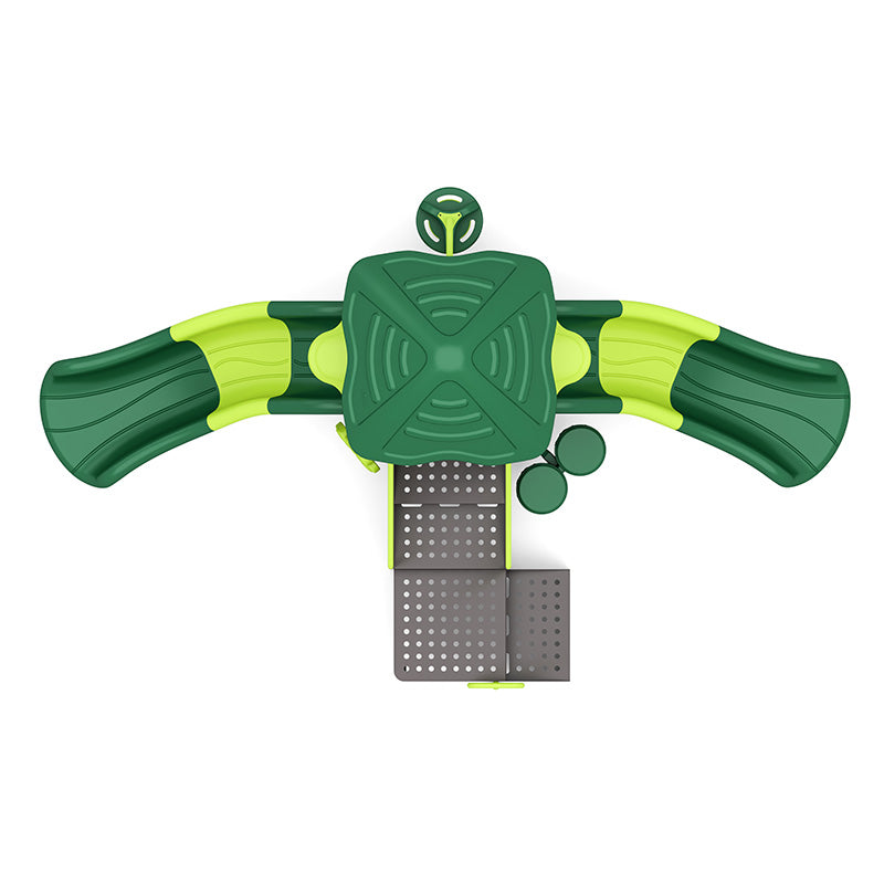 Overhead view of green and yellow playground structure with two curved slides, central roof, platform, and circular play panels