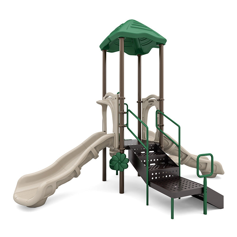 Leaf Escape Playground with green roof, beige slides, pod climber, accessible ramp, and inclusive play features