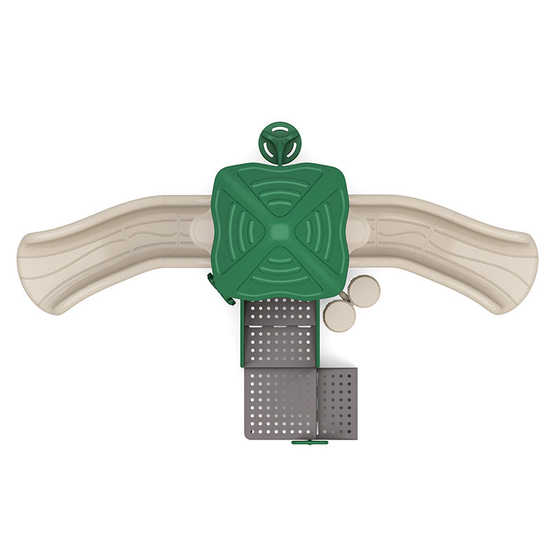 Overhead view of green and beige playground with two curved slides, pod climber, and musical drum panels