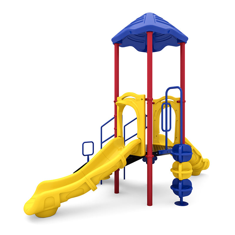 Colorful playground structure with yellow sectional slides, red posts, blue roof, pod climber, and interactive play panels including bongo and rain wheel.