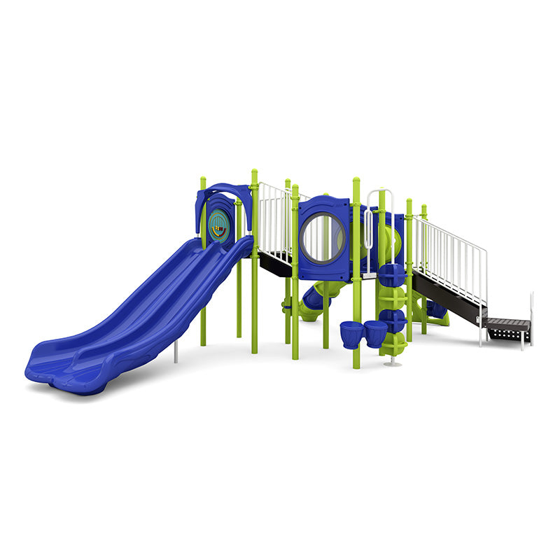 Vibrant blue and green playground with double slide, bubble window, bongo drums, pod and arch climbers, and ADA transfer station