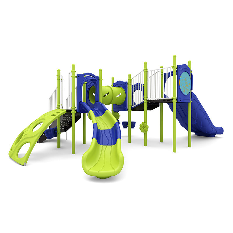 Vibrant green and blue playground with double slide, climbing wall, tunnel, and interactive panels for active play