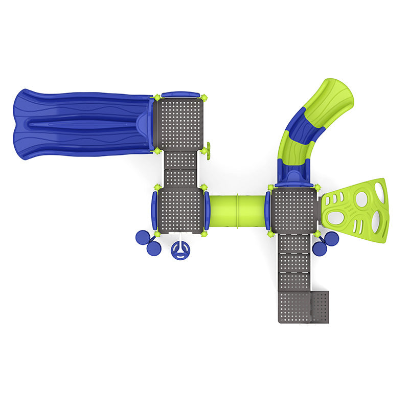 Overhead view of vibrant blue and green playground with slides, climbers, interactive panels, and sensory play features