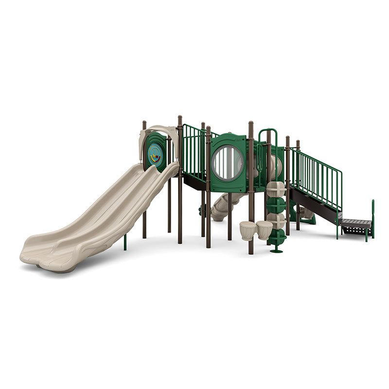 Cedar Cascade Playground with green and beige double slide, bubble window, tunnel bridge, pod climber, and stair entry