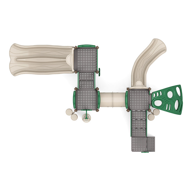 Overhead view of a green and beige playground system with double slides, climbing panels, activity stations, and sensory play elements