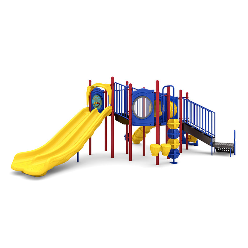 Colorful playground with double yellow slide, climbing pods, bongo drums, bubble window, and bead panel.