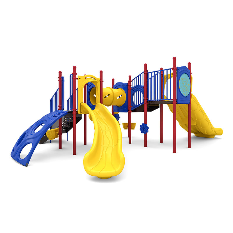 Colorful playground with yellow slides, blue climbing panels, red posts, bubble window, and interactive play elements