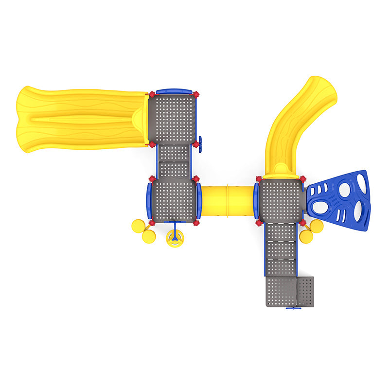 Overhead view of a colorful playground with double yellow slides, climbing pods, interactive panels, and a bubble window.