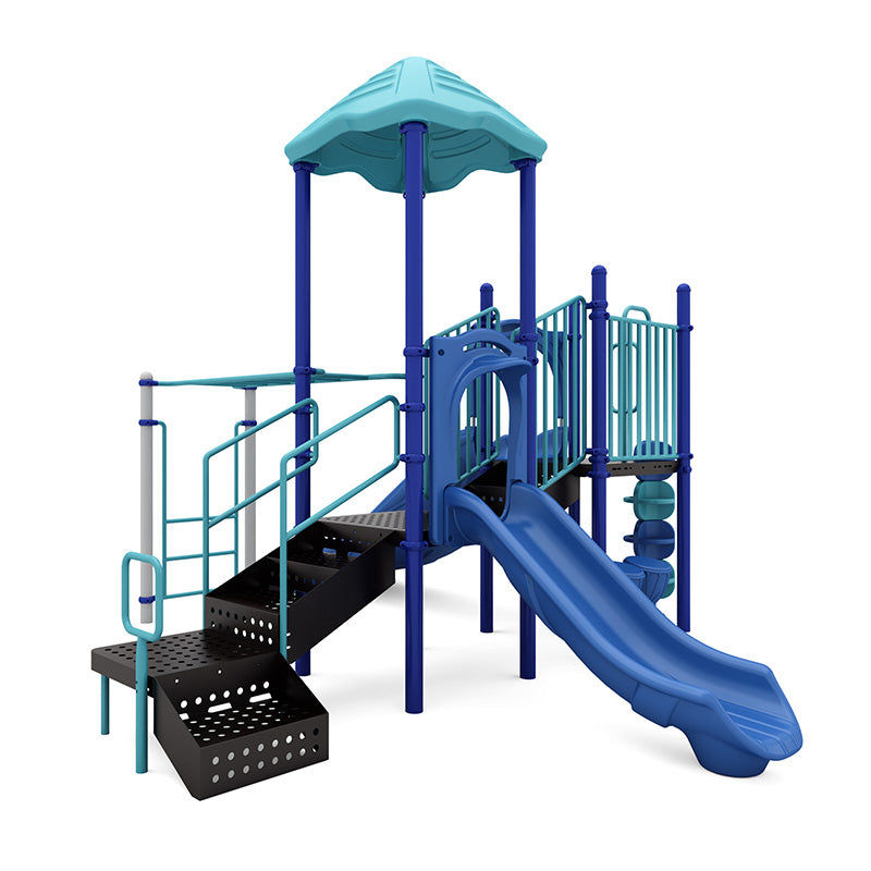 Blue and teal playground structure with double slide, stairs, climbing pod, challenge ladder, bongo, shaded canopy, and ADA transfer station.