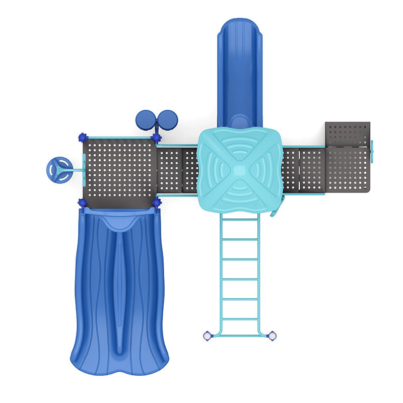 Overhead view of a blue and teal playground system with double slide, pod climber, challenge ladder, and sensory rain wheel