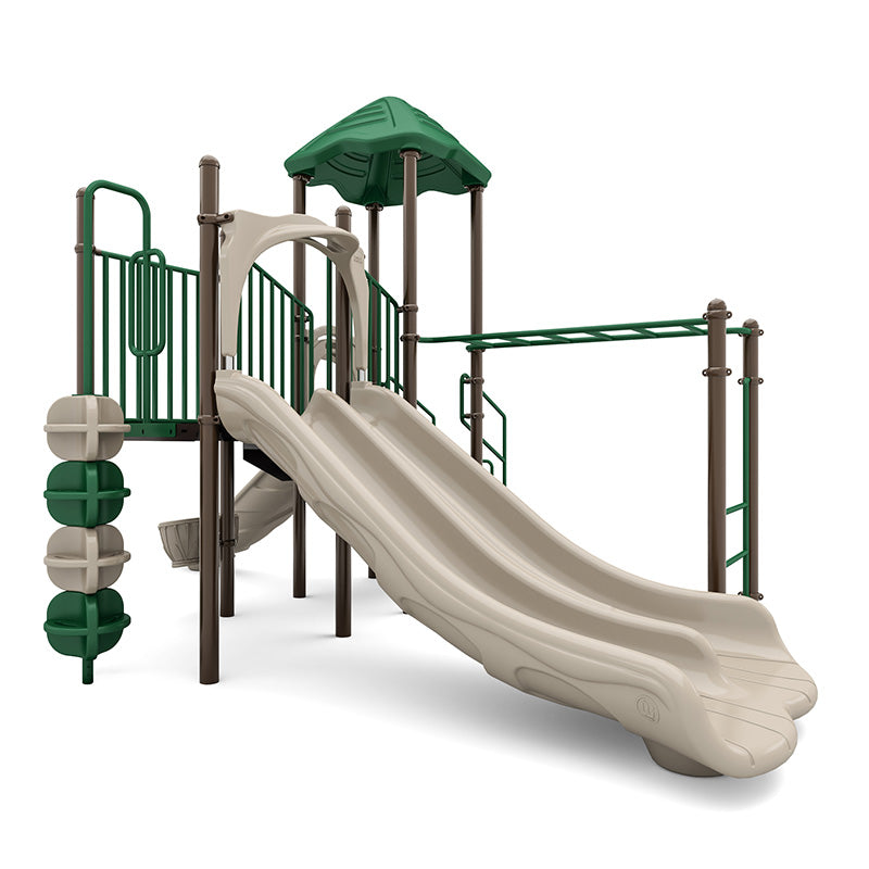 Breeze Duo Playground with double beige slides, green canopy, climbing ladder, monkey bars, and sensory bongo panels