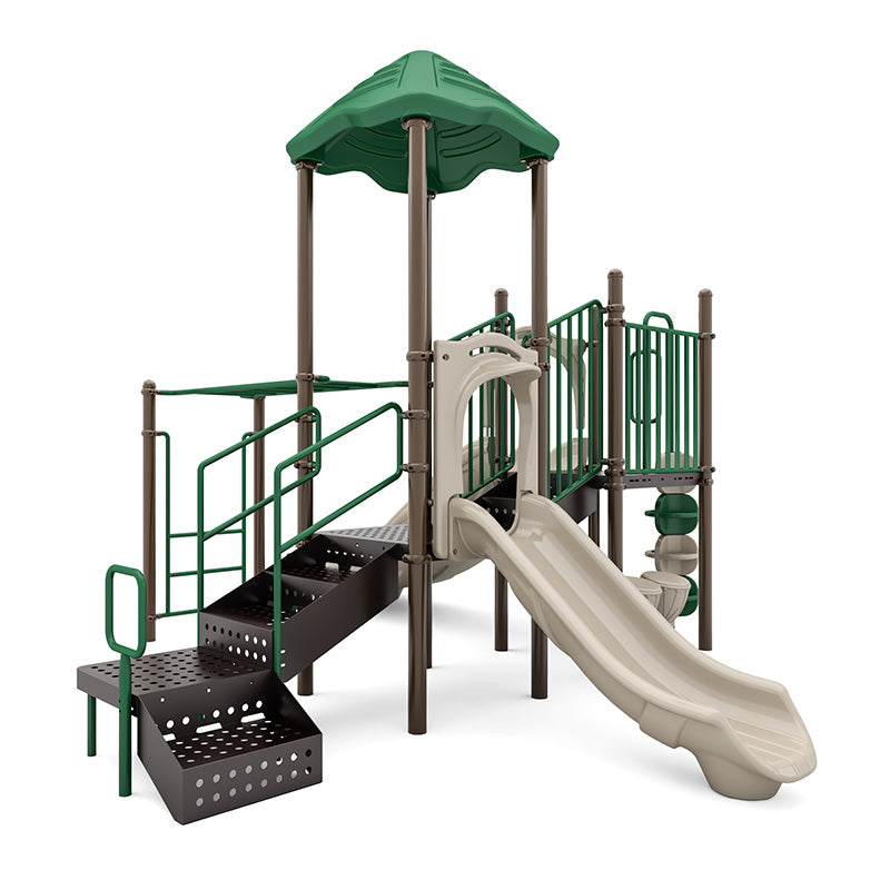 Playground structure with beige double slide, green canopy, stairs, railings, sensory rain wheel, and ADA transfer station