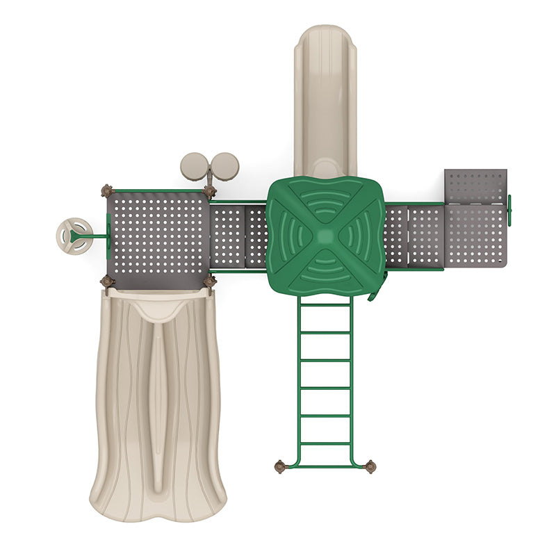 Overhead view of beige and green playground with double slide, climbing ladder, platforms, sensory play elements, and ADA transfer station.