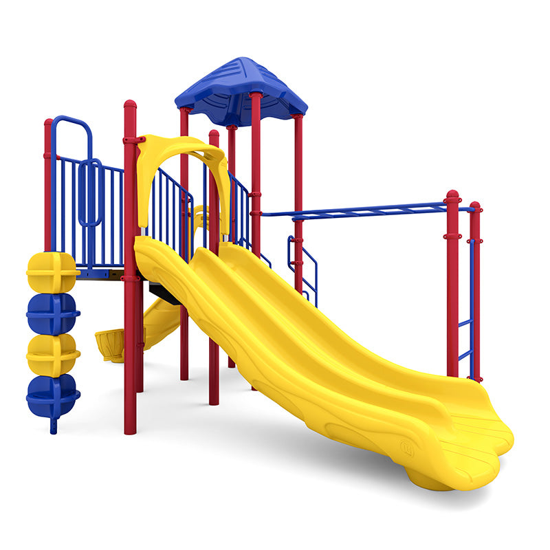 Vibrant playground with double yellow slides, blue monkey bars, red posts, sensory panels, and inclusive play features.